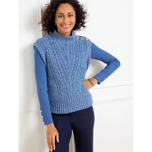 Talbots | Cable Knit Mockneck Sweater Vest Blue & Gold Detailing | M